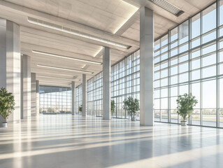 Poster - A spacious, modern concrete hall with numerous columns and large, luminous windows provides a striking backdrop for text in this 3D-rendered stock photo