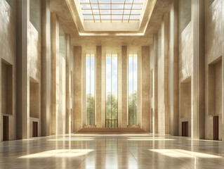 Poster - A spacious, modern concrete hall with numerous columns and large, luminous windows provides a striking backdrop for text in this 3D-rendered stock photo