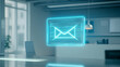 © Khalid - A futuristic glowing holographic email interface projected in a clean, brightly lit workspace, showing sharp details