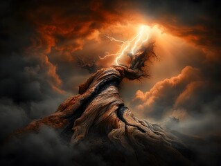 Poster - Gnarled ancient tree trunk twisted and scarred by a powerful lightning strike jagged fractures splitting the weathered bark charred and blackened wood exposed