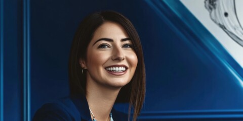 Wall Mural - Smiling young caucasian female in blue room with artwork in background