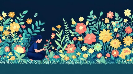 Naklejka na meble A woman tending to colorful flowers in a lush garden.