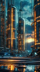 Poster - Futuristic Industrial Landscape with Glowing Towers and Reflections
