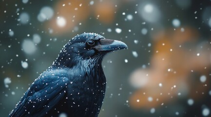 Canvas Print - Snowfall surrounds a raven perched on a snowy branch in a winter forest setting