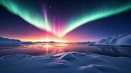 Poster - This stunning display of northern lights casts vibrant colors over a snowy arctic area at dusk.