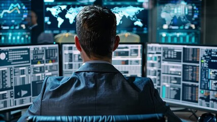 Poster - In a high-tech control room, an expert analyzes complex data metrics displayed on multiple screens. Visualizations and graphs illuminate the environment as focus intensifies.