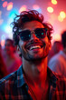 © GS-Studio - Radiant Smile at the Concert: A charismatic man beams with joy, his sunglasses reflecting the vibrant energy of a concert. His infectious smile captures the electrifying atmosphere of the event.