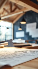 Poster - Bright and Inspiring Workspace with Architectural Plans on Table