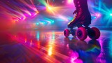 Lively rollerskating party background featuring vibrant, colorful lighting and a fun atmosphere