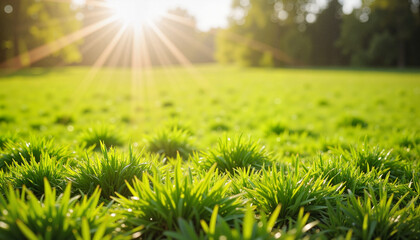 Glistening lawn grass sparkling in sunlight, vibrant nature