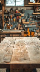 Wall Mural - Rustic Wooden Table Top in Cozy Workshop with Tools Background