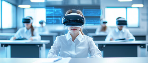 Poster - futuristic classroom with students using virtual reality headsets for immersive learning, seated at desks in bright, modern environment