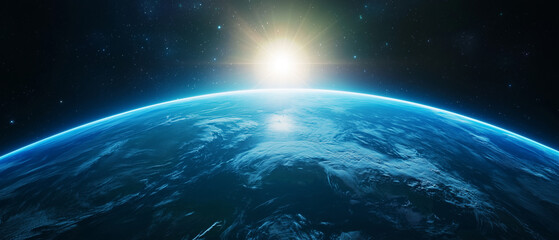 Poster - Stunning view of Earth from space with sun rising over horizon, showcasing planet curvature and glowing atmosphere in cosmic setting