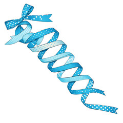 Poster - blue decorative ribbon with polka dots and stripes, tied into bow and spiraling downward, isolated on transparency background