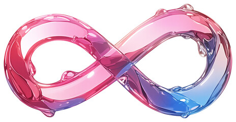 Poster - glossy infinity symbol with gradient of pink and blue hues, featuring liquid like texture and reflective surface, isolated on transparency background