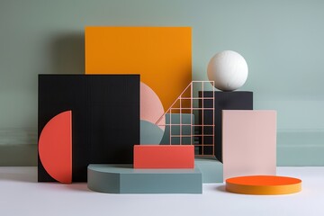 Leinwandbilder - Abstract composition featuring soft geometric shapes and a textured sphere against vibrant pastel colors in a modern setting