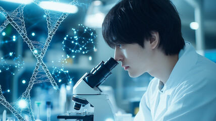 Poster - focused scientist in laboratory uses microscope, surrounded by glowing DNA helix graphics, symbolizing advanced genetic research and innovation