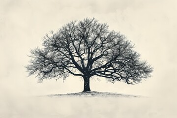 Poster - Lonely tree stands against a pale sky on a cold winter day, highlighting the beauty of nature in its stark, minimalist form