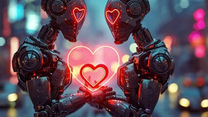 Poster - Two futuristic robots hold a glowing heart in their hands, symbolizing love and connection.