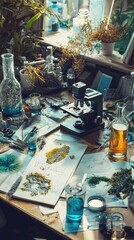 Poster - Laboratory Workspace with Microscopes and Natural Specimens Display