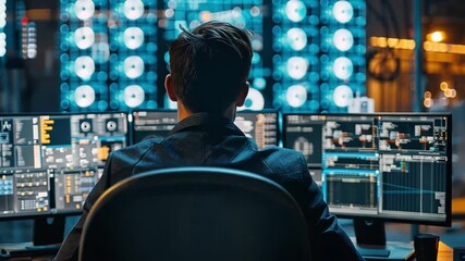 Leinwandbilder - A skilled professional analyzes intricate data on multiple screens in a high-tech control room.