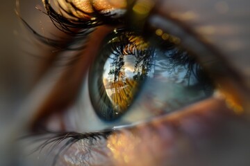 Poster - Reflection of nature in a woman's eye with greenery in the background during bright daylight