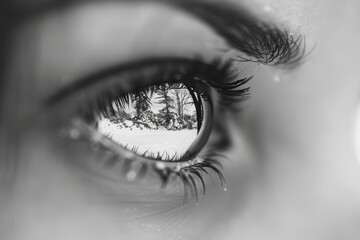 Poster - Reflection of nature in a woman's eye with greenery in the background during bright daylight