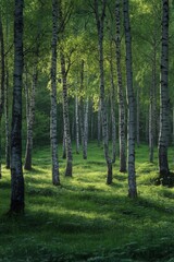  Sunlight filters through the canopy of a vibrant green forest filled with tall birch trees. The ground is lush with grass and ferns, creating a serene atmosphere