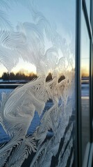 Poster - Frost Patterns on Glass Reflecting Winter Sunset Colors