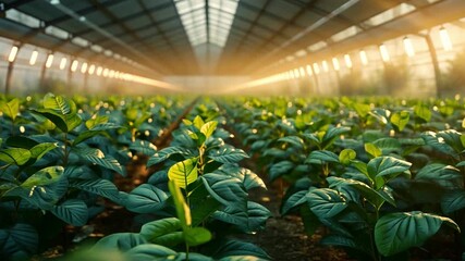 Poster - Sunlight filters through the glass roof of a greenhouse, illuminating lush green plants as they grow in neat rows.