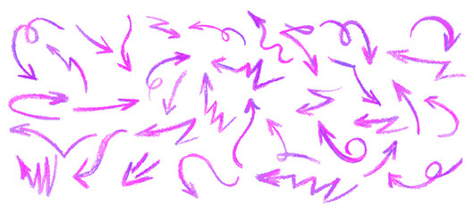Poster - Neon purple arrows set. Wax crayon drawing grafitti elements in acid pink color. Collection of vector charcoal outline symbols of direction indicators. Graffiti lightning icons Children drawing style.