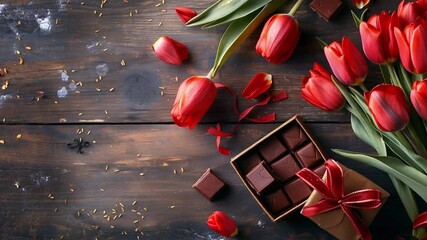 Poster - This stunning arrangement of red tulips beside a box of chocolates, ideal for romantic occasions.