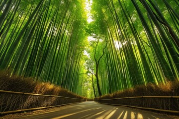 Aufkleber - Lush green bamboo forest under bright sunlight in a serene natural setting showcasing towering bamboo stalks and vibrant foliage