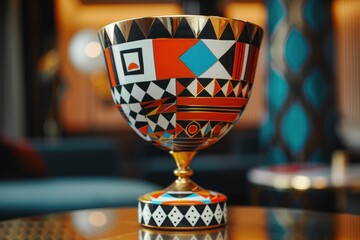 Poster - Colorful ceramic vase with geometric patterns displayed on a pedestal under soft lighting in a contemporary setting