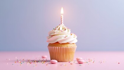 Naklejka na meble Delightful Birthday Cupcake with Candle and Sprinkles Festive Treat on Pink Background