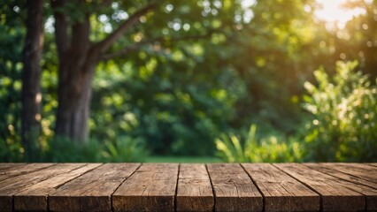 Wall Mural - Rustic wood board mockup table surface with green trees and plants outdoor background