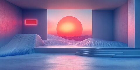 Poster - Vibrant sun sets over a surreal landscape with abstract structures and glowing elements