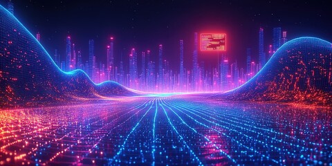 Poster - Vibrant digital landscape with glowing neon waves and city skyline at night