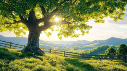 Wall Mural - majestic tree stands in a sunlit field with rolling hills and wooden fence at golden hour