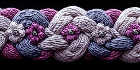 Poster - colorful knitted braid with flowers and embellishments showcased against a dark background