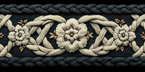 Poster - intricate floral embroidery design with braided border showcasing detailed craftsmanship and artisti