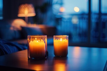 Aufkleber - Warm candles illuminate a cozy living room adorned with twinkling lights during evening hours