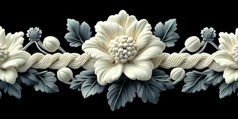 Poster - Intricate floral design featuring white blooms and grey leaves on a dark background