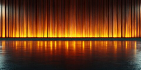 Poster - Vibrant orange backdrop illuminates a polished floor in an elegant setting for an art exhibition or performance