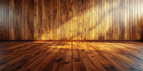 Poster - Warm wooden interior with natural light highlighting the grain and texture of the floor and walls
