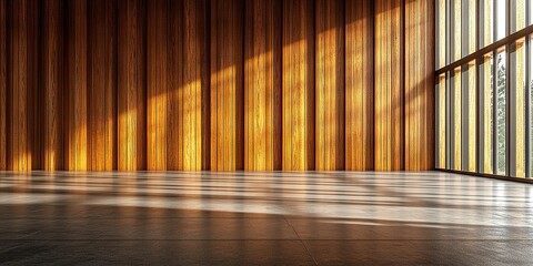 Poster - Large open space with wooden walls and natural light streaming in during the morning hours