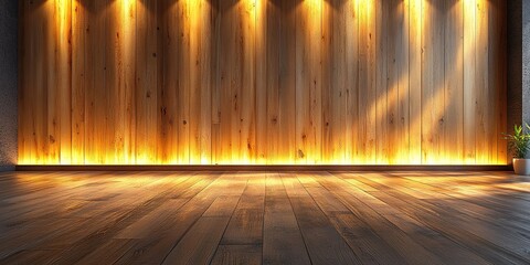 Poster - Stylish wooden interior with warm lighting and contemporary design elements in a modern space