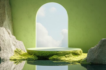 Poster - 3D podium stone display on green background with water. Rock with moss. Window with sky and cloud. Cosmetic beauty product promotion pedestal. Nature landscape showcase. Abstract minimal 3D render