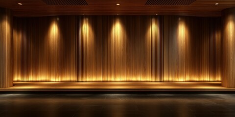 Poster - Elegant wooden interior with warm lighting and unique wall design inviting creativity and calmness in a serene space