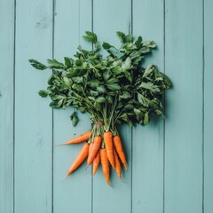 Wall Mural - Freshly harvested carrots with green tops on a light blue background in natural light